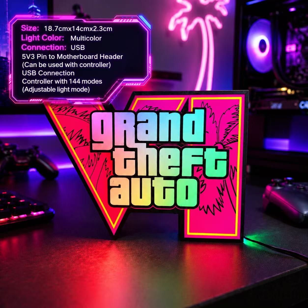 Desk Setup Lamp - 2026年最新版GTA 6 HorizonアンビエントライトUSB接続式デスクトップ＆PCケース装飾品 ARGB搭載、トレンド感あふれるクリスマスギフト