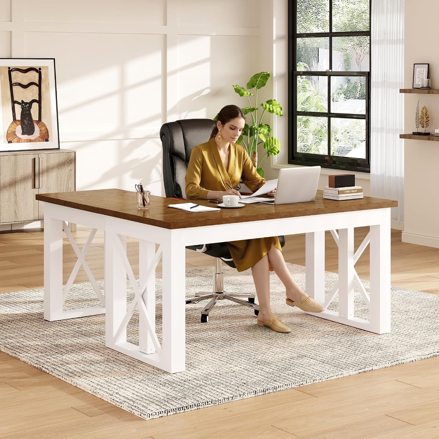L字型スタンディングデスク（引き出し付き）、55x48インチ - Desk Setup L Shaped のレビューと価格