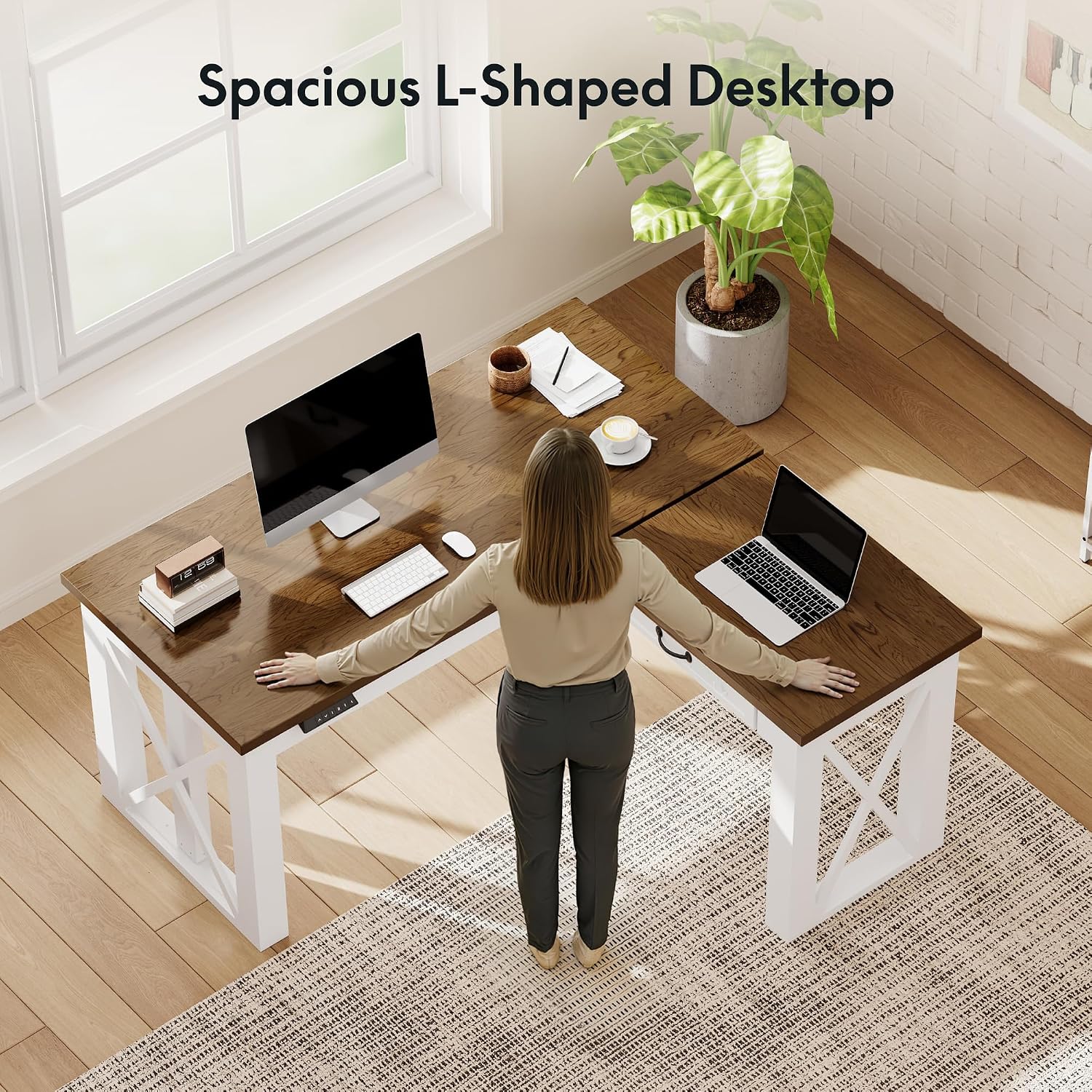 L字型スタンディングデスク（引き出し付き）、55x48インチ - Desk Setup L Shaped のレビューと価格