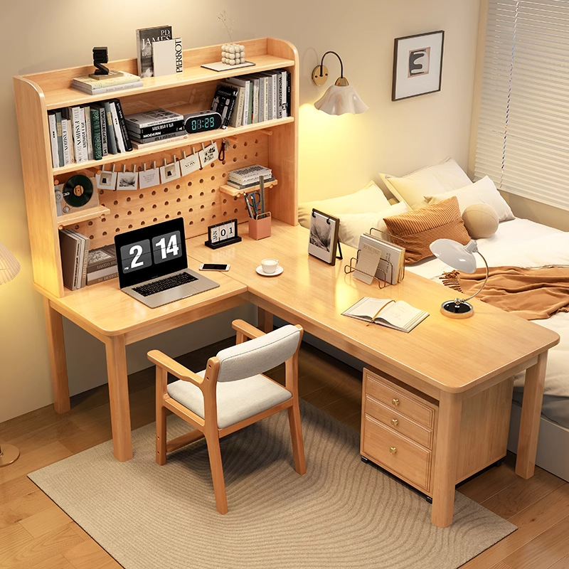 モダンな7字型L字型無垢材コーナーデスク、一体型本棚付きテー - Desk Setup L Shaped のレビューと価格